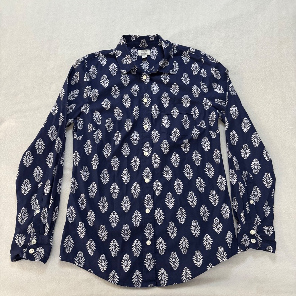 J.Crew Navy Blue White Block Print Regenerative Cotton Button Down Shirt XS